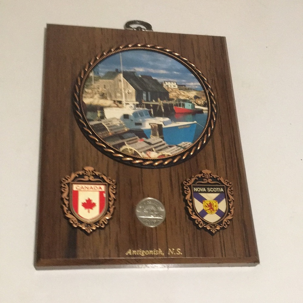 Wooden Plaque with Scenic Image and Emblems